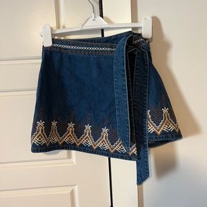 Free People Denim Embroidered Wrap Skirt ( Size 0)